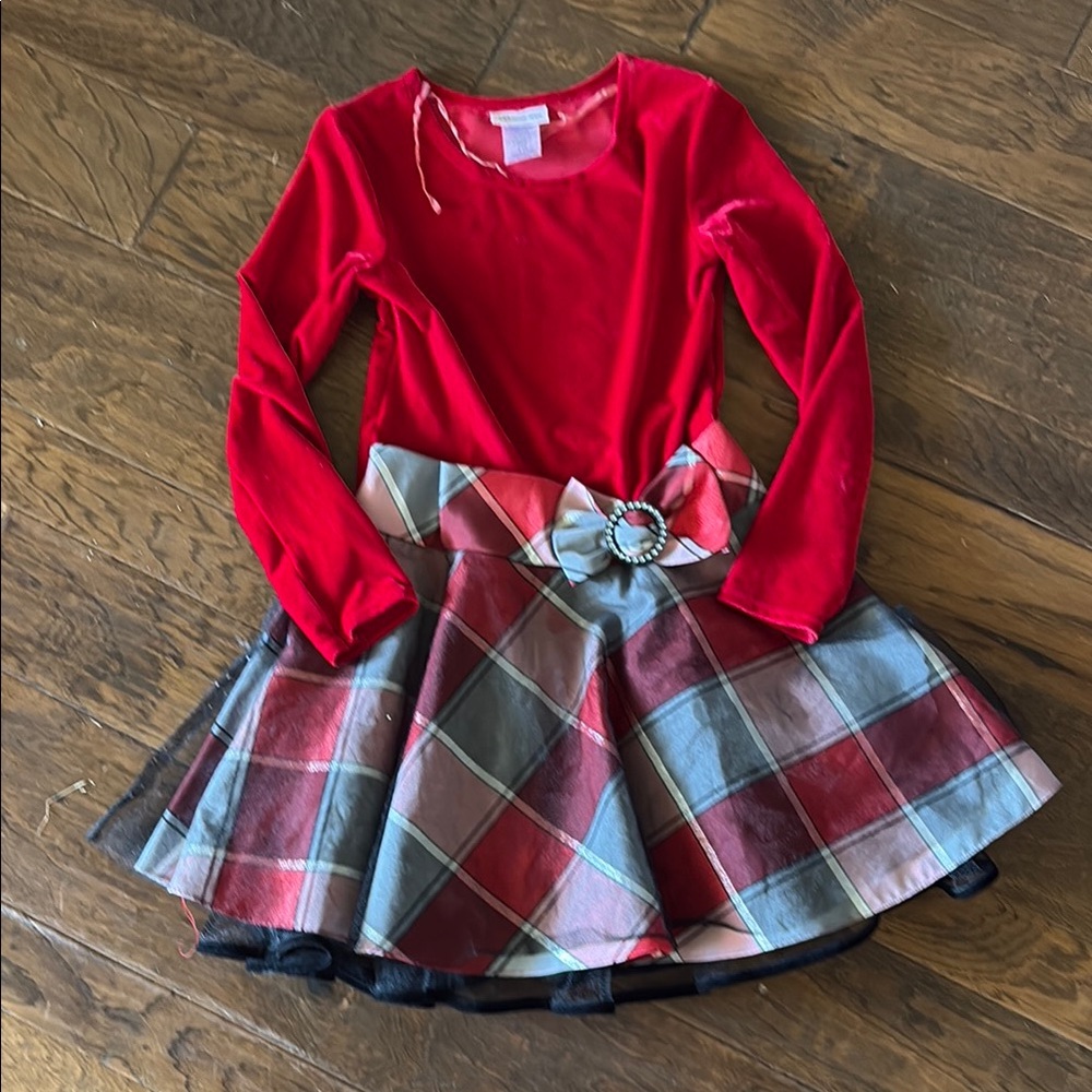 Bonnie Jean Red Velvet Top Plaid Skirt Holiday Dress